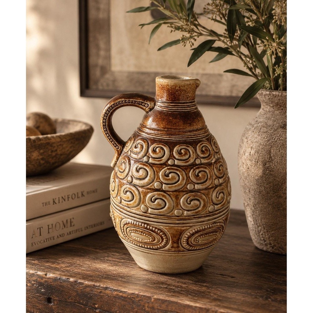 VTG German Pottery Pitcher Jug Brown Cream Relief Swirl MCM West Germany 8"